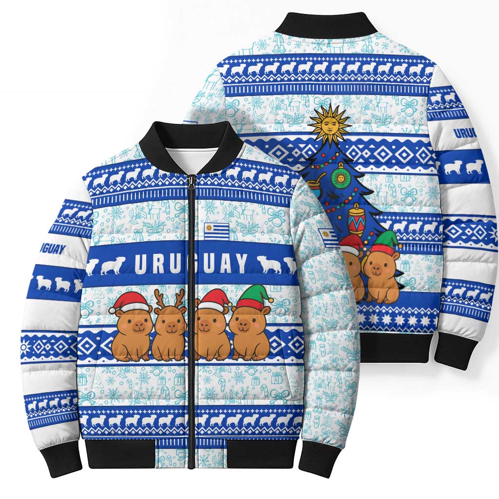 Uruguay Christmas Bomber Puffer Jacket with Capybaras Holiday Tree Sun Emblem and Blue Festive Pattern - Wonder Print Shop
