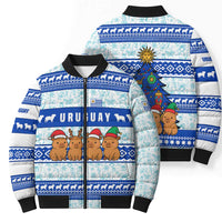 Uruguay Christmas Bomber Puffer Jacket with Capybaras Holiday Tree Sun Emblem and Blue Festive Pattern - Wonder Print Shop