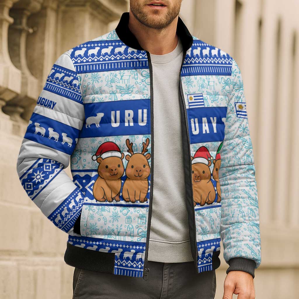 Uruguay Christmas Bomber Puffer Jacket with Capybaras Holiday Tree Sun Emblem and Blue Festive Pattern - Wonder Print Shop