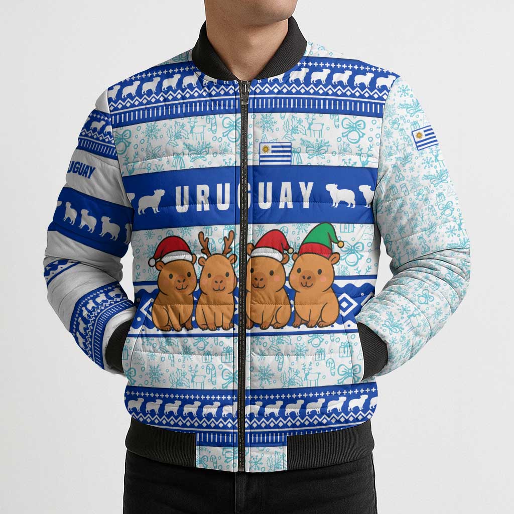 Uruguay Christmas Bomber Puffer Jacket with Capybaras Holiday Tree Sun Emblem and Blue Festive Pattern - Wonder Print Shop