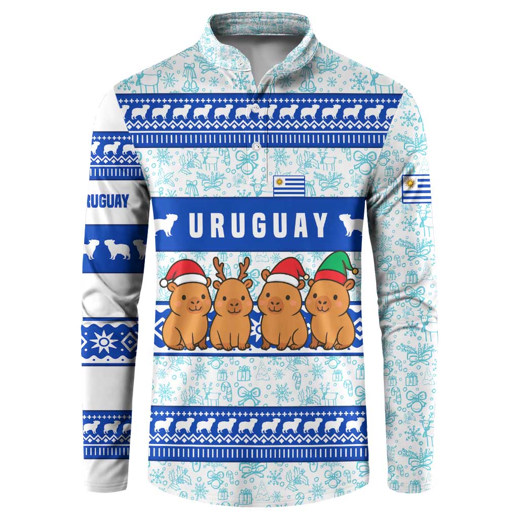 Uruguay Christmas Button Sweatshirt with Capybaras Holiday Tree Sun Emblem and Blue Festive Pattern - Wonder Print Shop