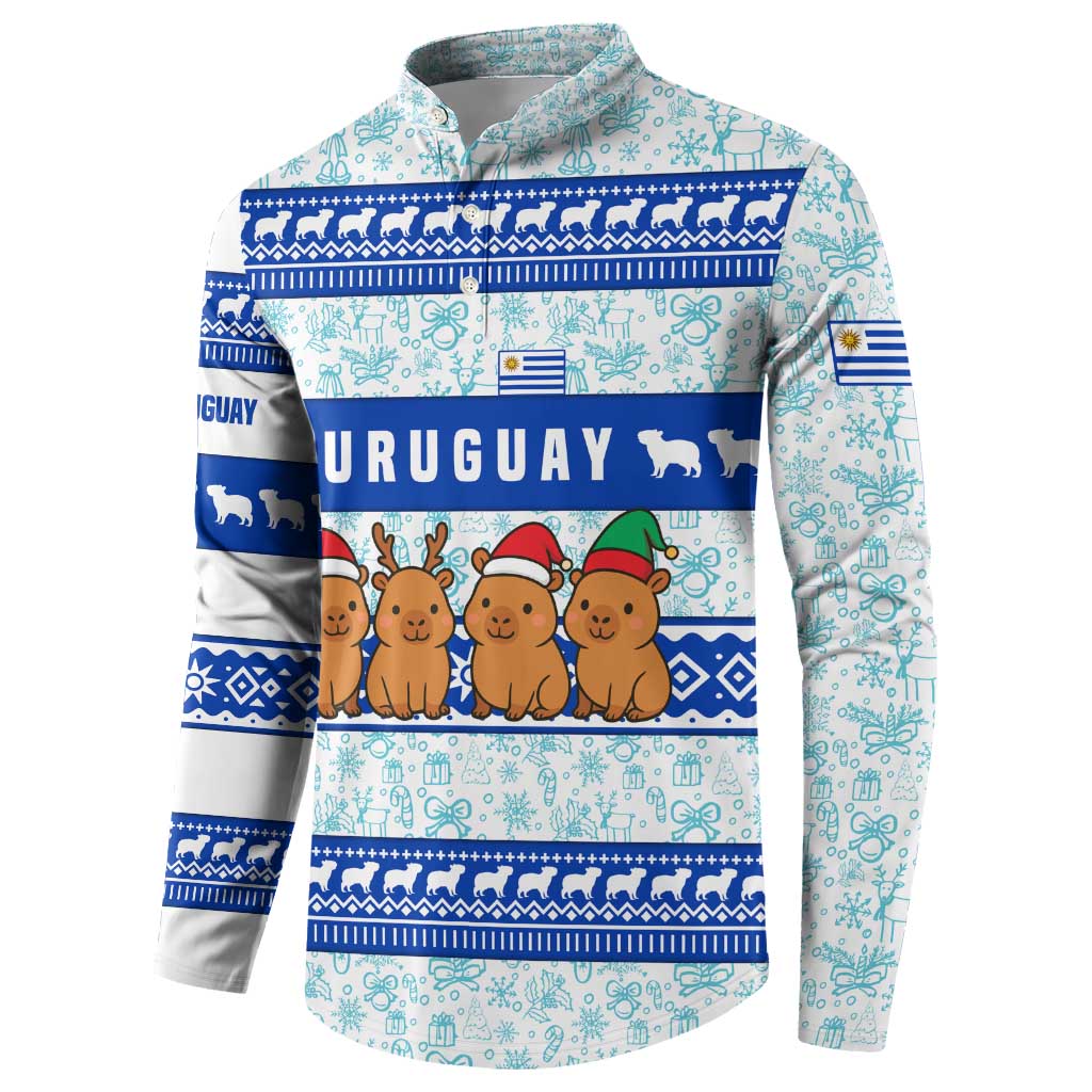 Uruguay Christmas Button Sweatshirt with Capybaras Holiday Tree Sun Emblem and Blue Festive Pattern - Wonder Print Shop