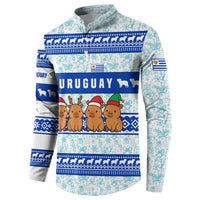 Uruguay Christmas Button Sweatshirt with Capybaras Holiday Tree Sun Emblem and Blue Festive Pattern - Wonder Print Shop