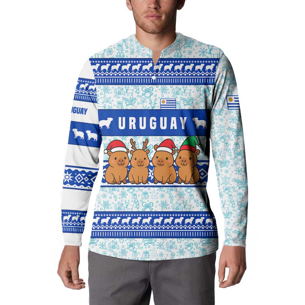 Uruguay Christmas Button Sweatshirt with Capybaras Holiday Tree Sun Emblem and Blue Festive Pattern - Wonder Print Shop