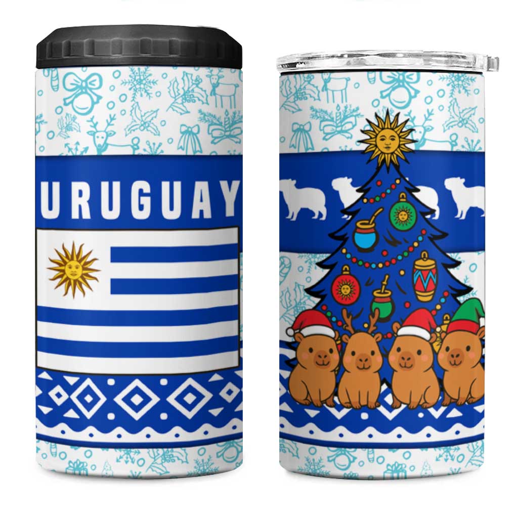 Uruguay Christmas 4 in 1 Can Cooler Tumbler with Capybaras Holiday Tree Sun Emblem and Blue Festive Pattern - Wonder Print Shop