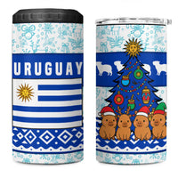 Uruguay Christmas 4 in 1 Can Cooler Tumbler with Capybaras Holiday Tree Sun Emblem and Blue Festive Pattern - Wonder Print Shop