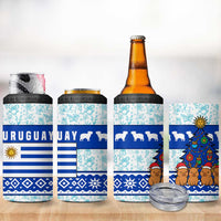 Uruguay Christmas 4 in 1 Can Cooler Tumbler with Capybaras Holiday Tree Sun Emblem and Blue Festive Pattern - Wonder Print Shop
