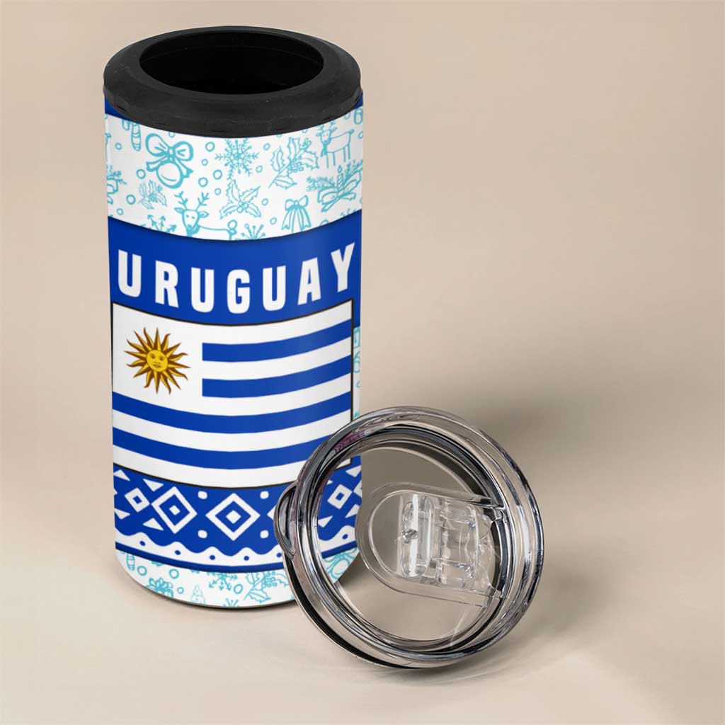 Uruguay Christmas 4 in 1 Can Cooler Tumbler with Capybaras Holiday Tree Sun Emblem and Blue Festive Pattern - Wonder Print Shop