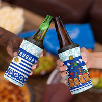 Uruguay Christmas 4 in 1 Can Cooler Tumbler with Capybaras Holiday Tree Sun Emblem and Blue Festive Pattern - Wonder Print Shop