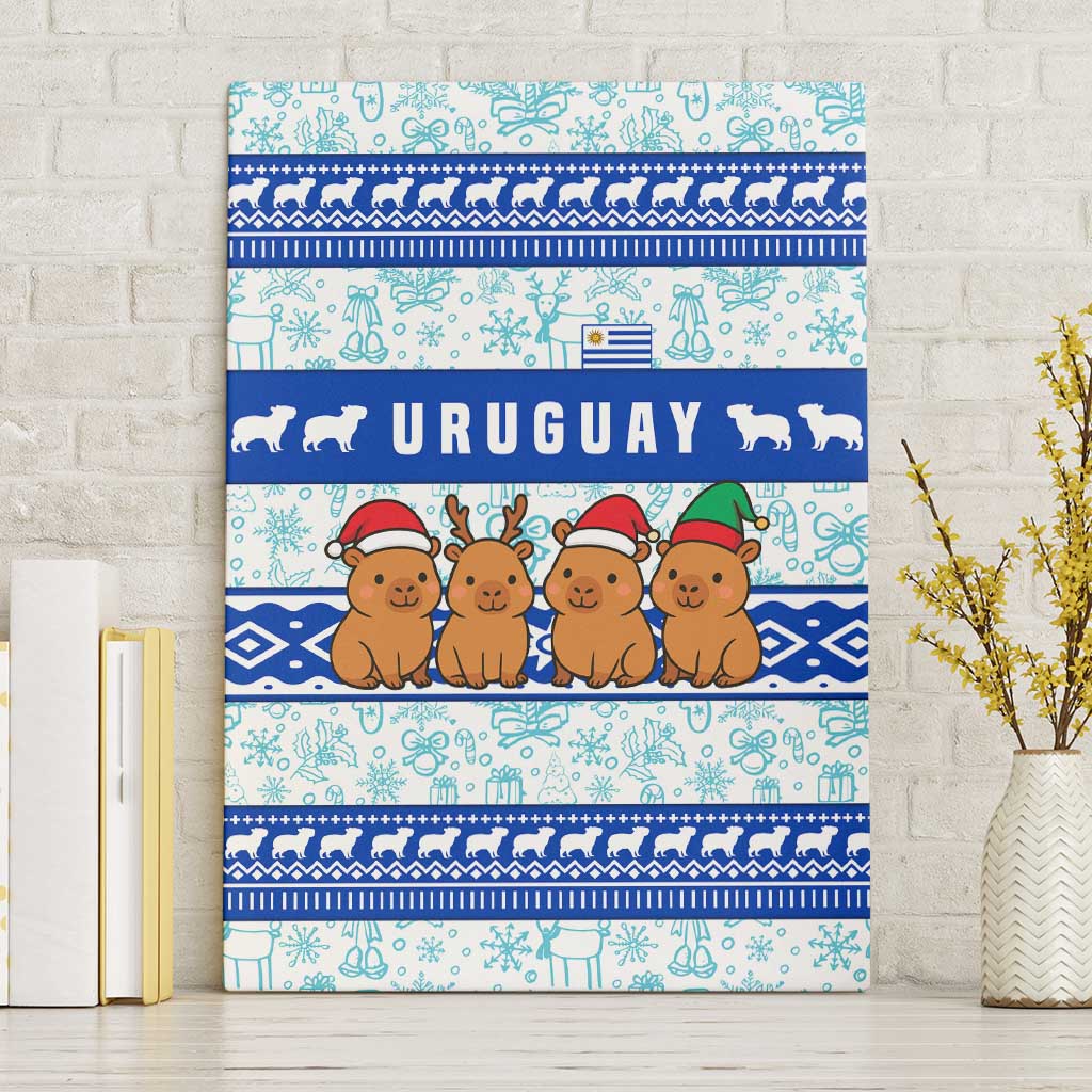 Uruguay Christmas Canvas Wall Art with Capybaras Holiday Tree Sun Emblem and Blue Festive Pattern - Wonder Print Shop