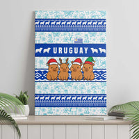 Uruguay Christmas Canvas Wall Art with Capybaras Holiday Tree Sun Emblem and Blue Festive Pattern - Wonder Print Shop