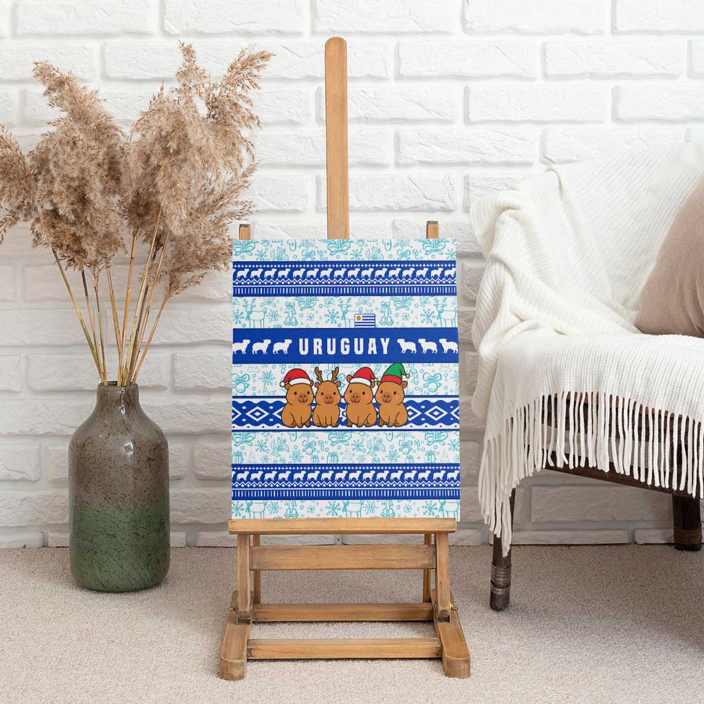 Uruguay Christmas Canvas Wall Art with Capybaras Holiday Tree Sun Emblem and Blue Festive Pattern - Wonder Print Shop