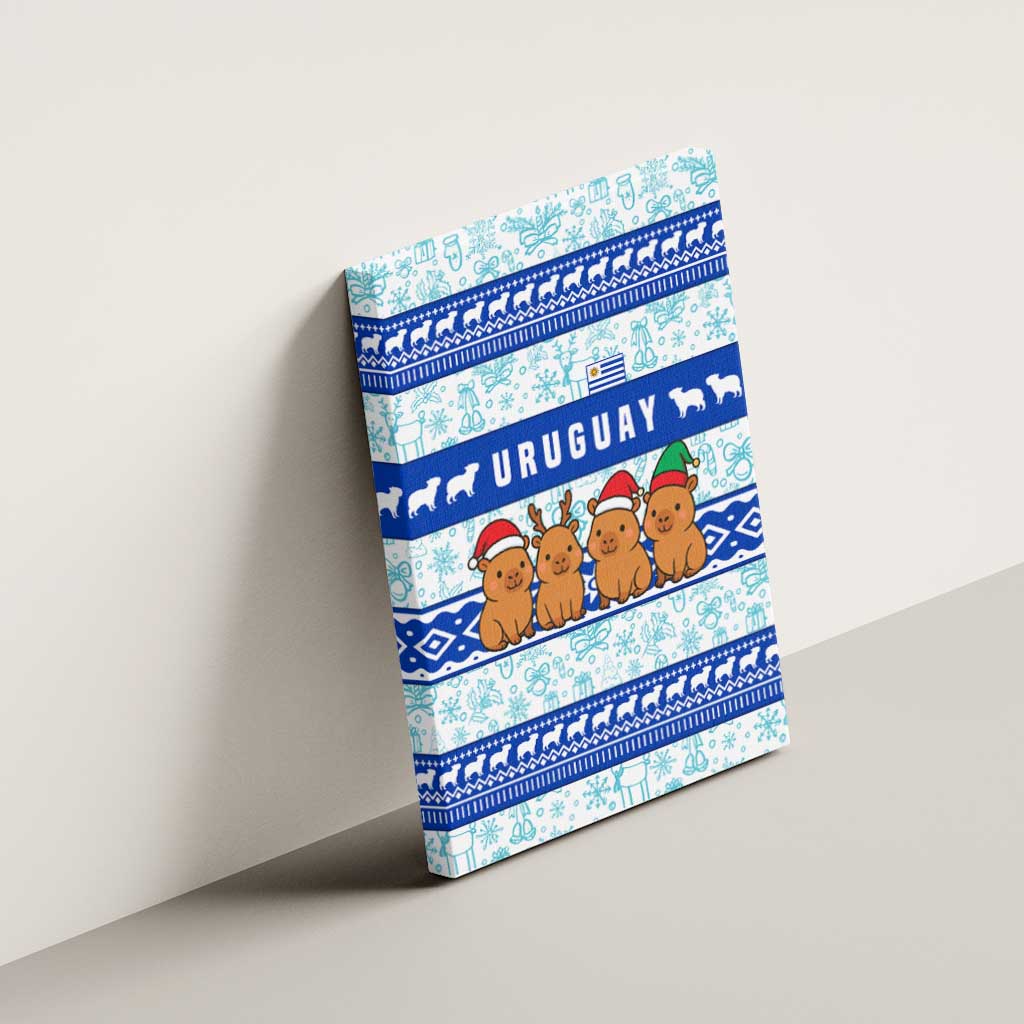 Uruguay Christmas Canvas Wall Art with Capybaras Holiday Tree Sun Emblem and Blue Festive Pattern - Wonder Print Shop