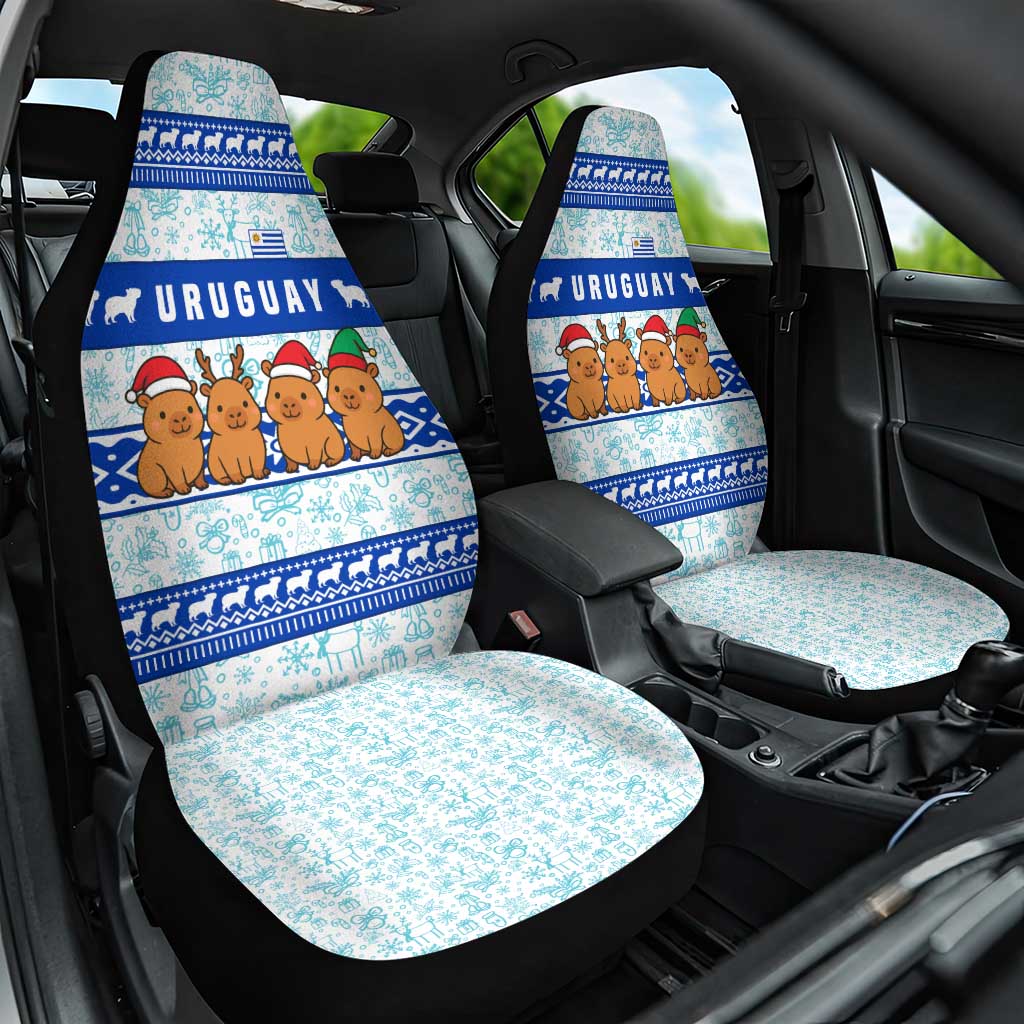 Uruguay Christmas Car Seat Cover with Capybaras Holiday Tree Sun Emblem and Blue Festive Pattern - Wonder Print Shop