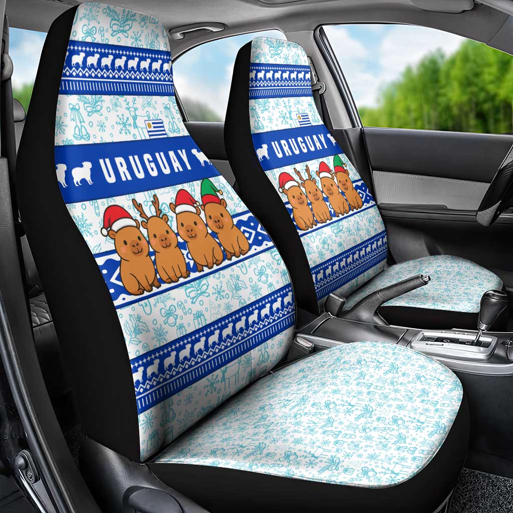 Uruguay Christmas Car Seat Cover with Capybaras Holiday Tree Sun Emblem and Blue Festive Pattern - Wonder Print Shop