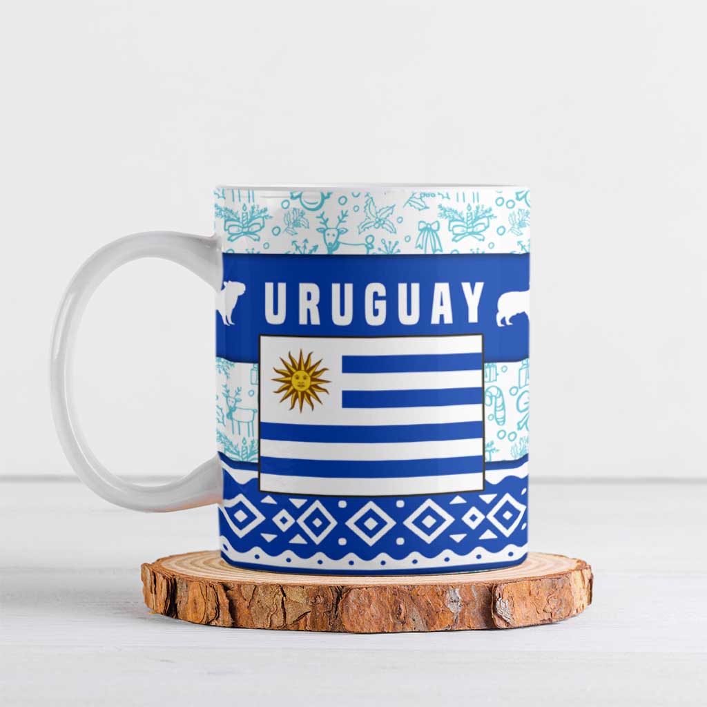 Uruguay Christmas Ceramic Mug with Capybaras Holiday Tree Sun Emblem and Blue Festive Pattern - Wonder Print Shop