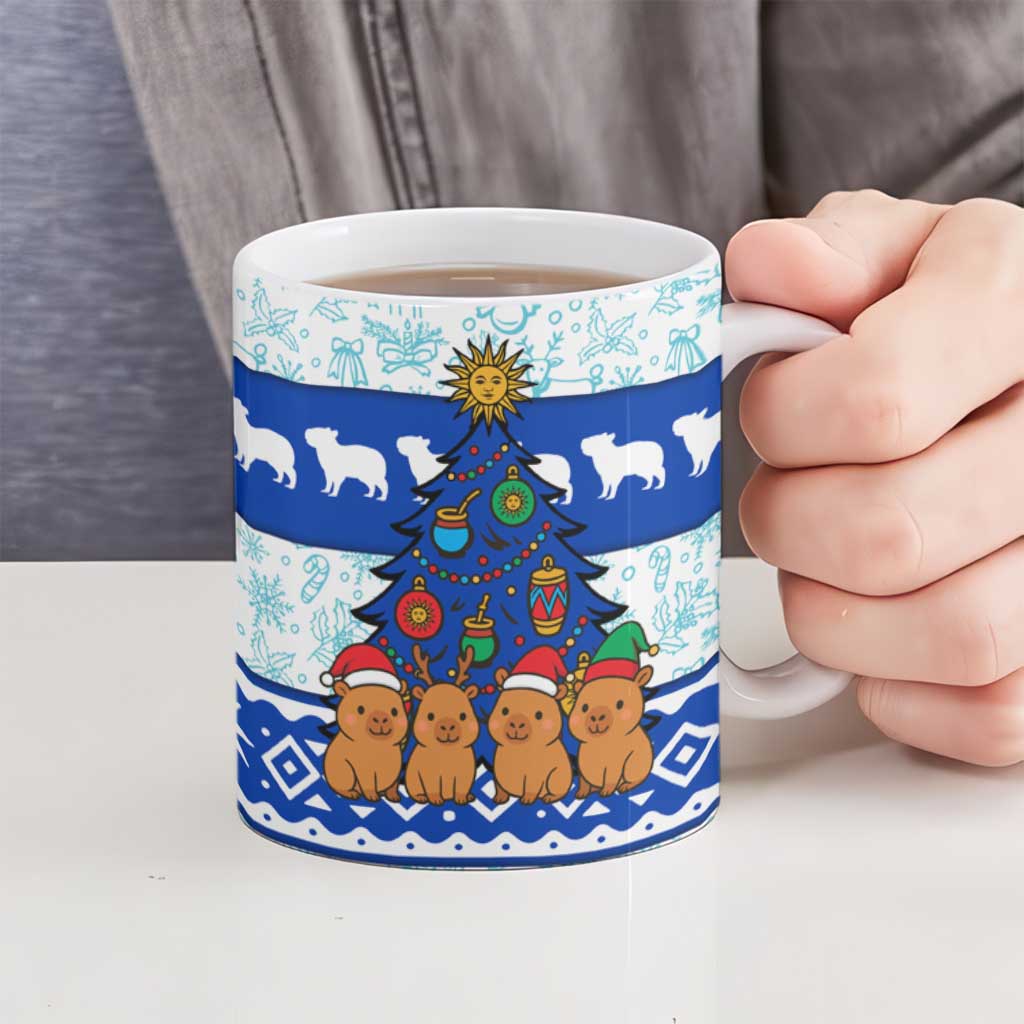 Uruguay Christmas Ceramic Mug with Capybaras Holiday Tree Sun Emblem and Blue Festive Pattern - Wonder Print Shop
