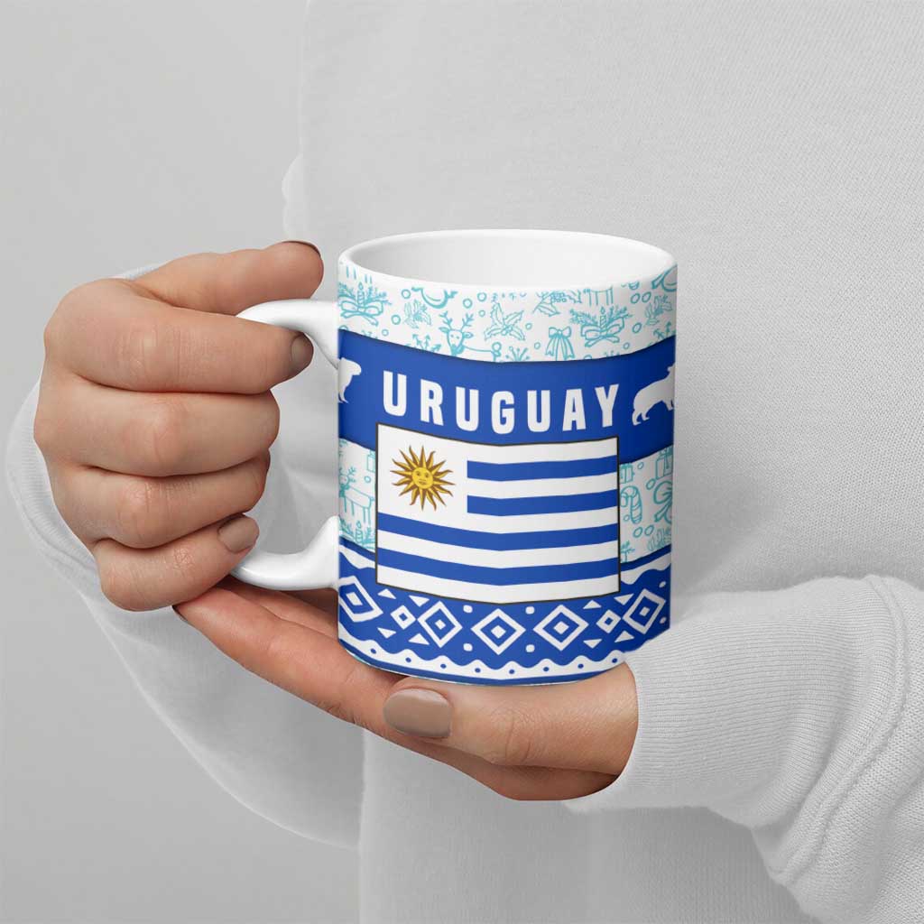 Uruguay Christmas Ceramic Mug with Capybaras Holiday Tree Sun Emblem and Blue Festive Pattern - Wonder Print Shop