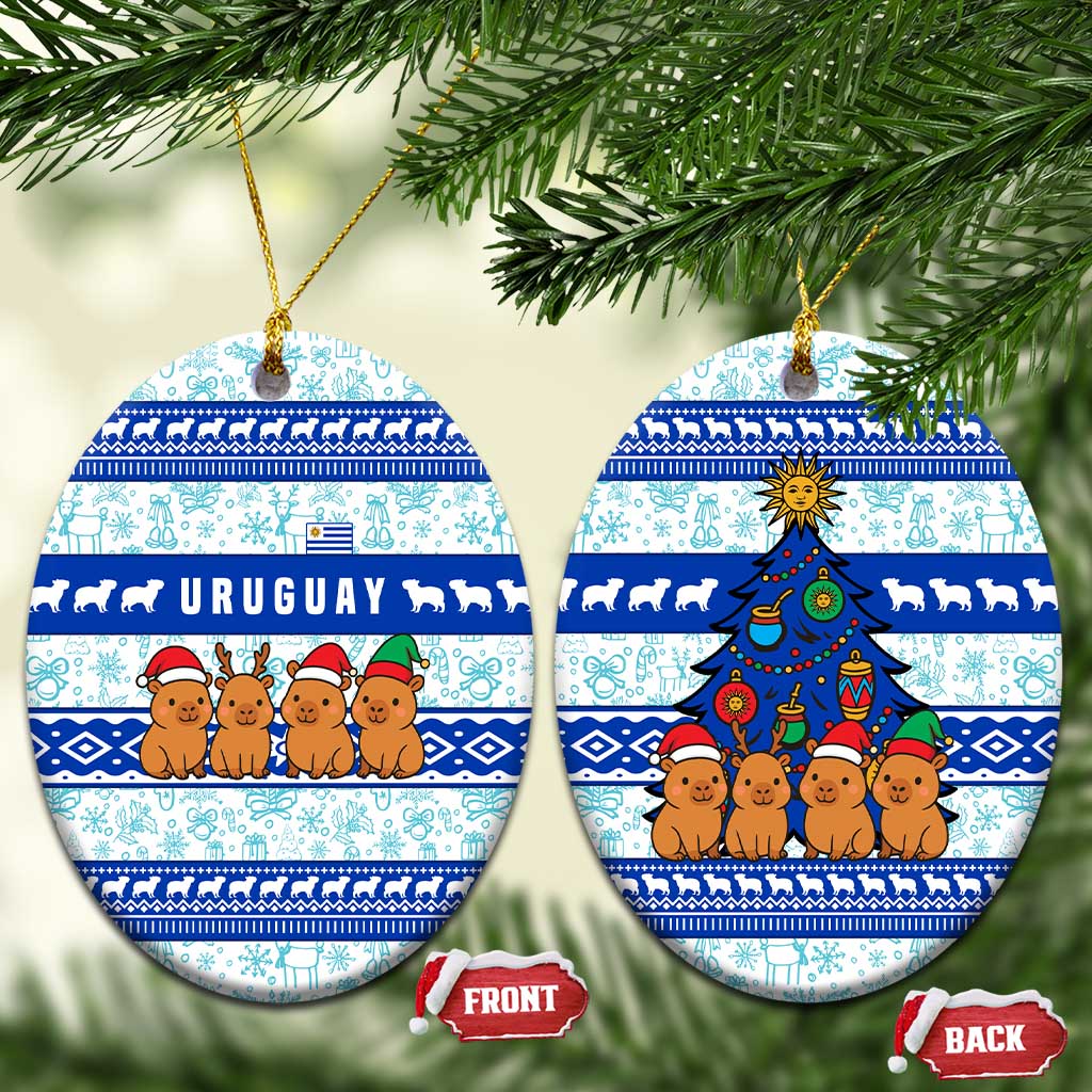 Uruguay Christmas Ceramic Ornament with Capybaras Holiday Tree Sun Emblem and Blue Festive Pattern - Wonder Print Shop