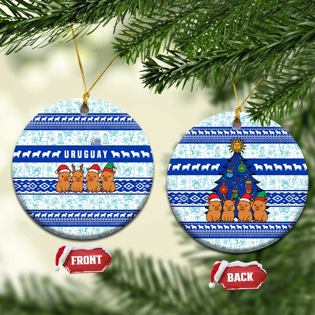 Uruguay Christmas Ceramic Ornament with Capybaras Holiday Tree Sun Emblem and Blue Festive Pattern - Wonder Print Shop