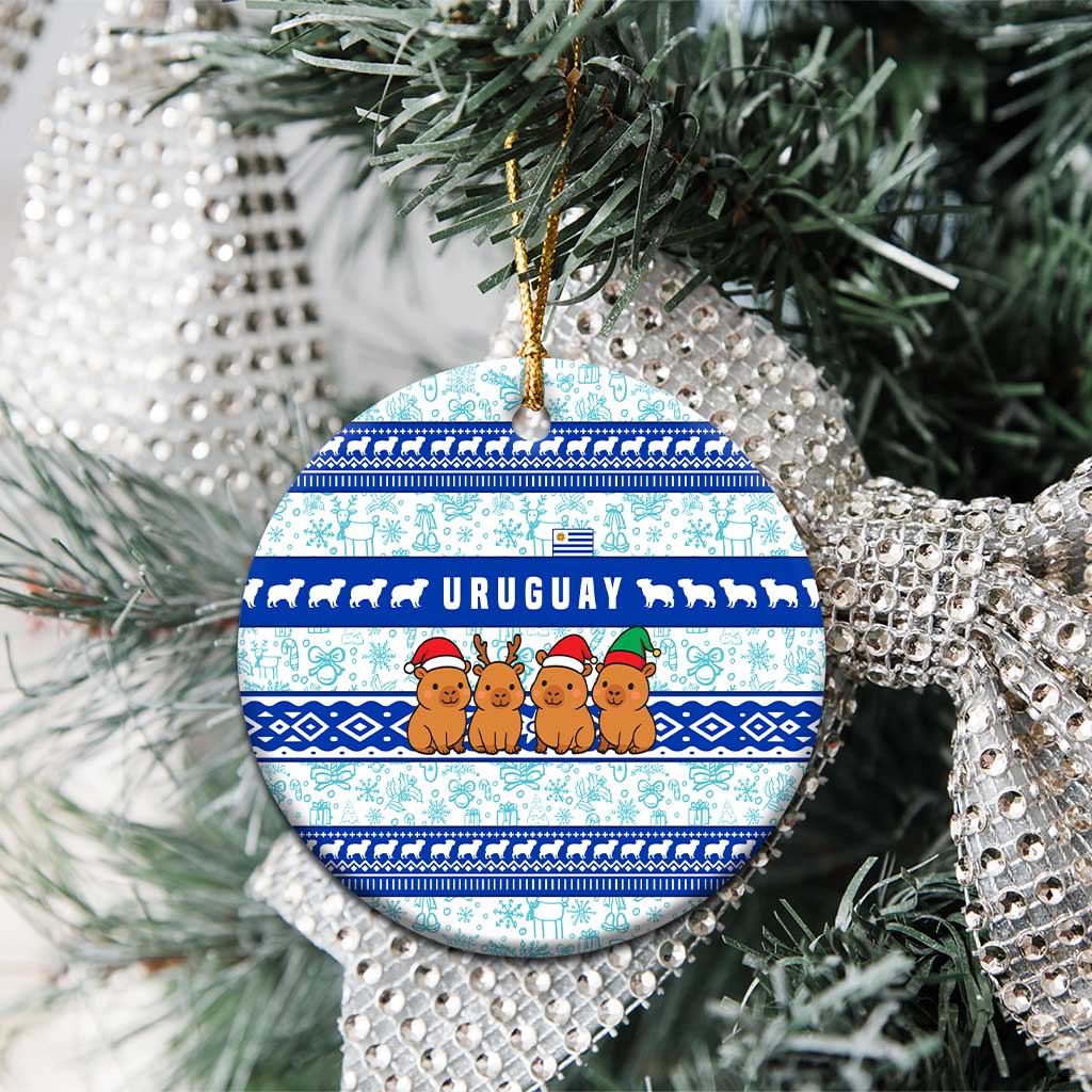 Uruguay Christmas Ceramic Ornament with Capybaras Holiday Tree Sun Emblem and Blue Festive Pattern - Wonder Print Shop