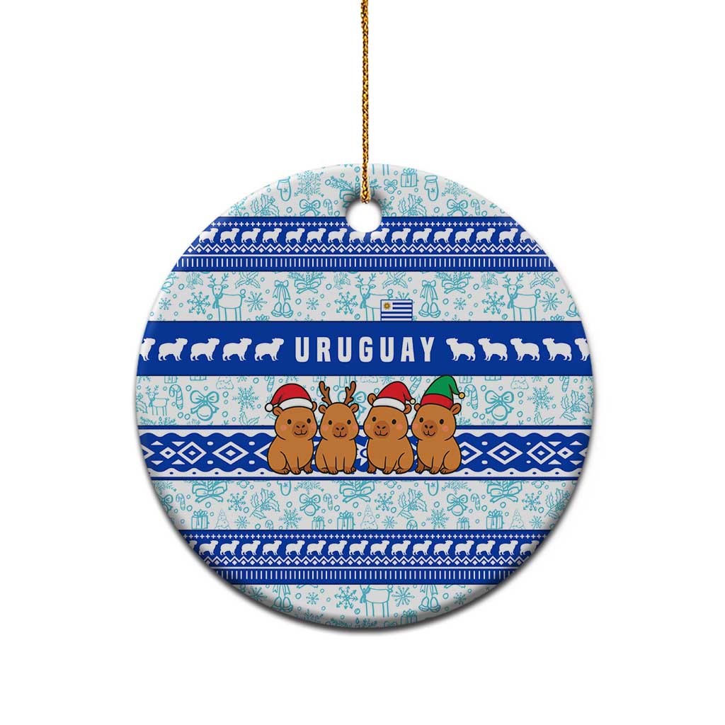 Uruguay Christmas Ceramic Ornament with Capybaras Holiday Tree Sun Emblem and Blue Festive Pattern - Wonder Print Shop