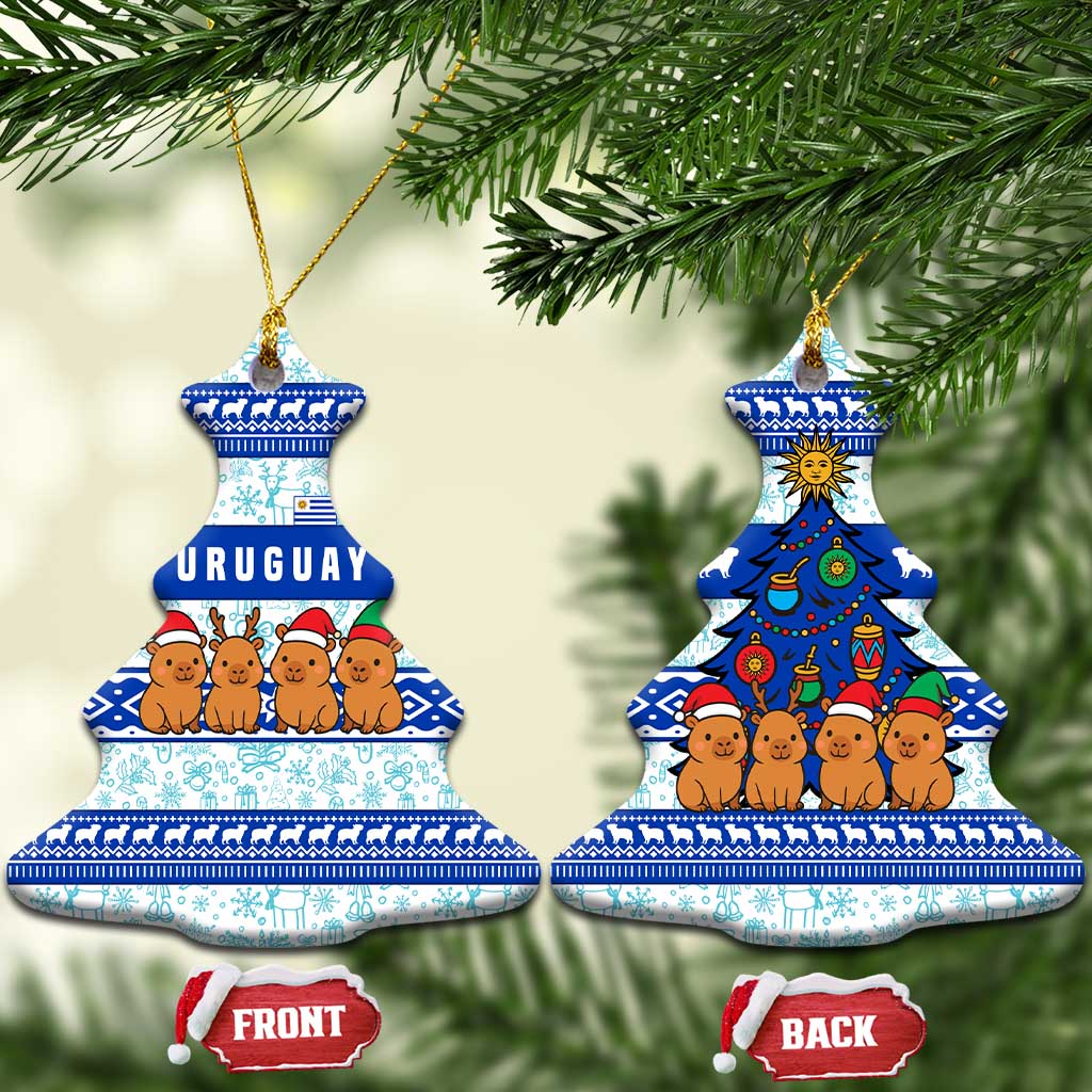 Uruguay Christmas Ceramic Ornament with Capybaras Holiday Tree Sun Emblem and Blue Festive Pattern - Wonder Print Shop