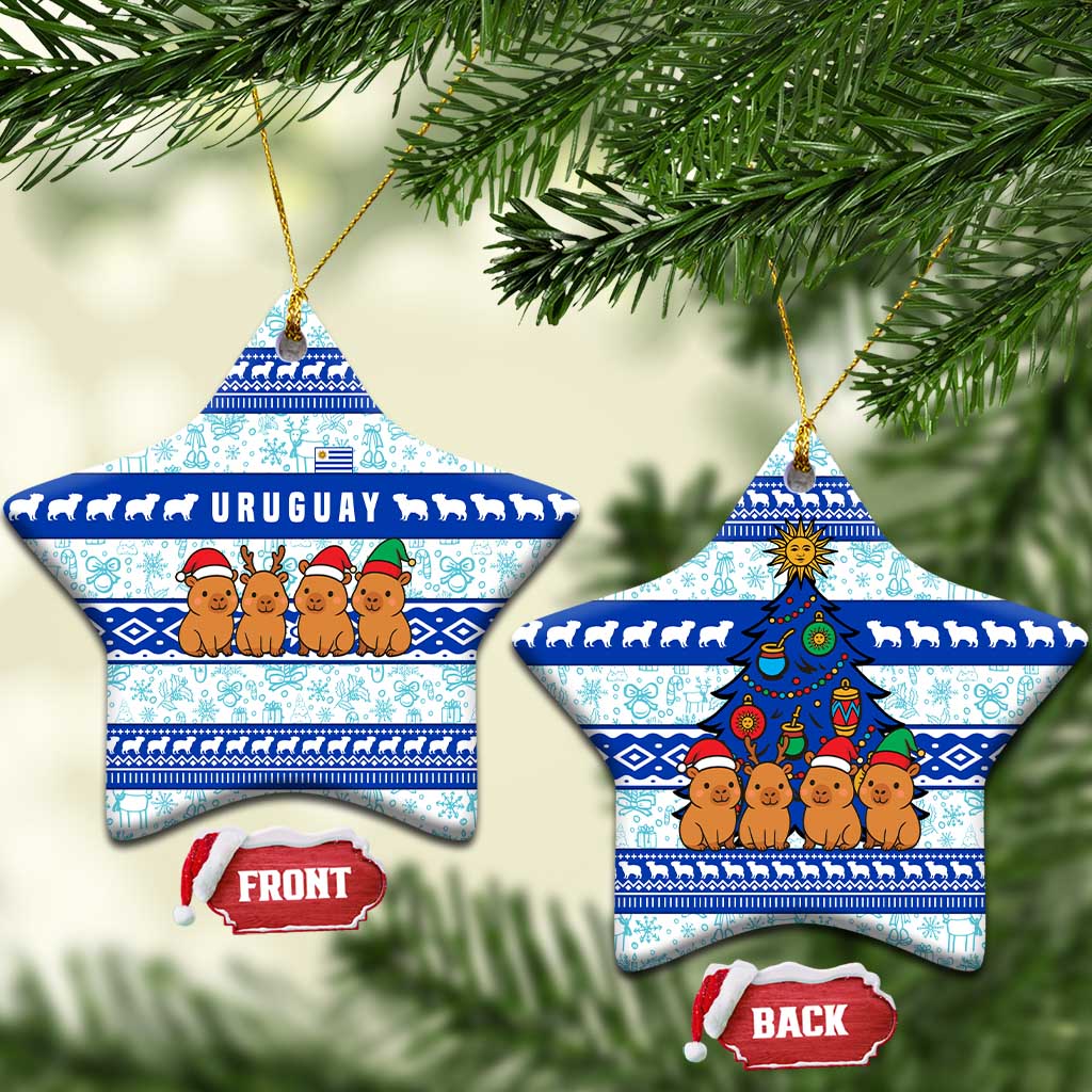 Uruguay Christmas Ceramic Ornament with Capybaras Holiday Tree Sun Emblem and Blue Festive Pattern - Wonder Print Shop