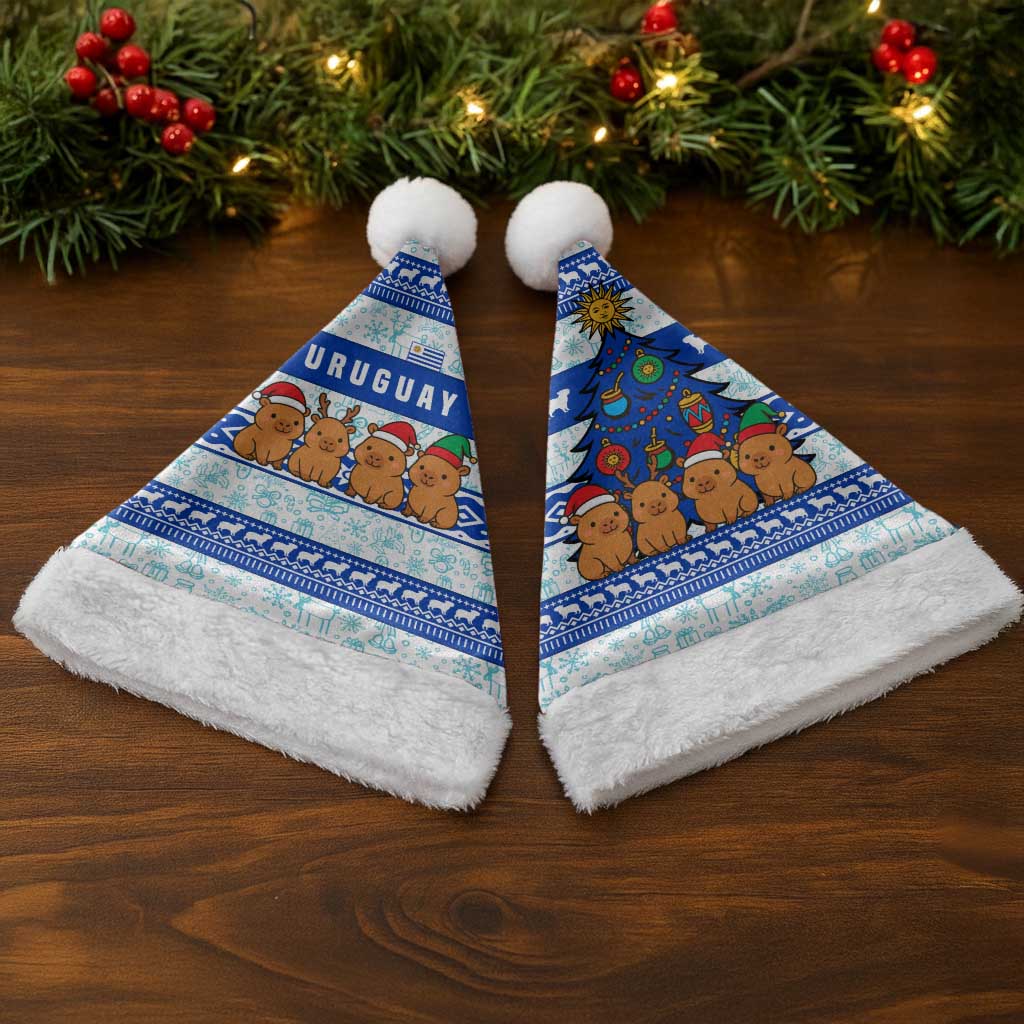 Uruguay Christmas Santa Hat with Capybaras Holiday Tree Sun Emblem and Blue Festive Pattern - Wonder Print Shop