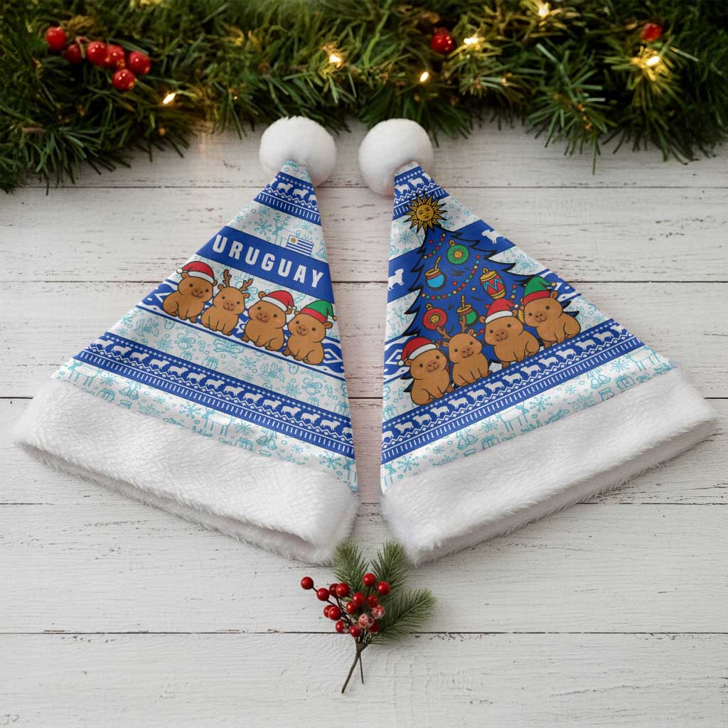 Uruguay Christmas Santa Hat with Capybaras Holiday Tree Sun Emblem and Blue Festive Pattern - Wonder Print Shop