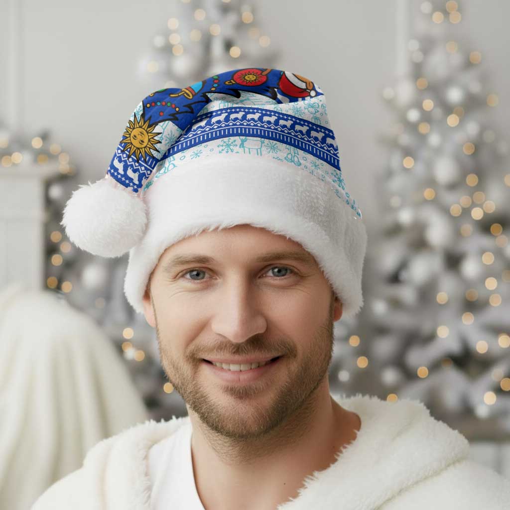 Uruguay Christmas Santa Hat with Capybaras Holiday Tree Sun Emblem and Blue Festive Pattern - Wonder Print Shop