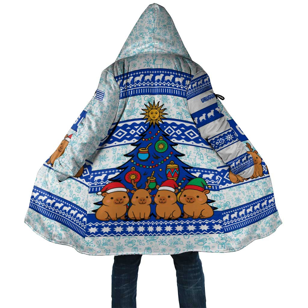 Uruguay Christmas Cloak with Capybaras Holiday Tree Sun Emblem and Blue Festive Pattern - Wonder Print Shop