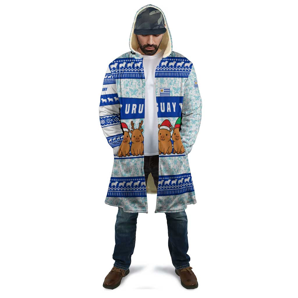 Uruguay Christmas Cloak with Capybaras Holiday Tree Sun Emblem and Blue Festive Pattern - Wonder Print Shop