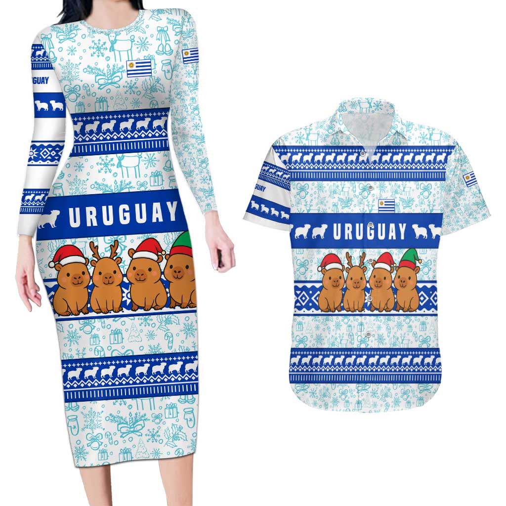 Uruguay Christmas Couples Matching Long Sleeve Bodycon Dress and Hawaiian Shirt with Capybaras Holiday Tree Sun Emblem and Blue Festive Pattern - Wonder Print Shop