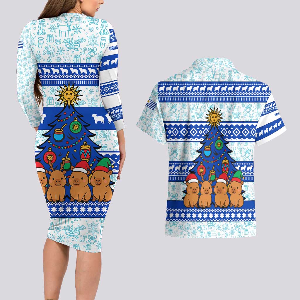 Uruguay Christmas Couples Matching Long Sleeve Bodycon Dress and Hawaiian Shirt with Capybaras Holiday Tree Sun Emblem and Blue Festive Pattern - Wonder Print Shop