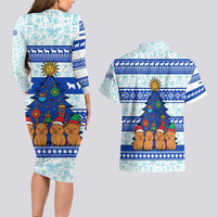 Uruguay Christmas Couples Matching Long Sleeve Bodycon Dress and Hawaiian Shirt with Capybaras Holiday Tree Sun Emblem and Blue Festive Pattern - Wonder Print Shop