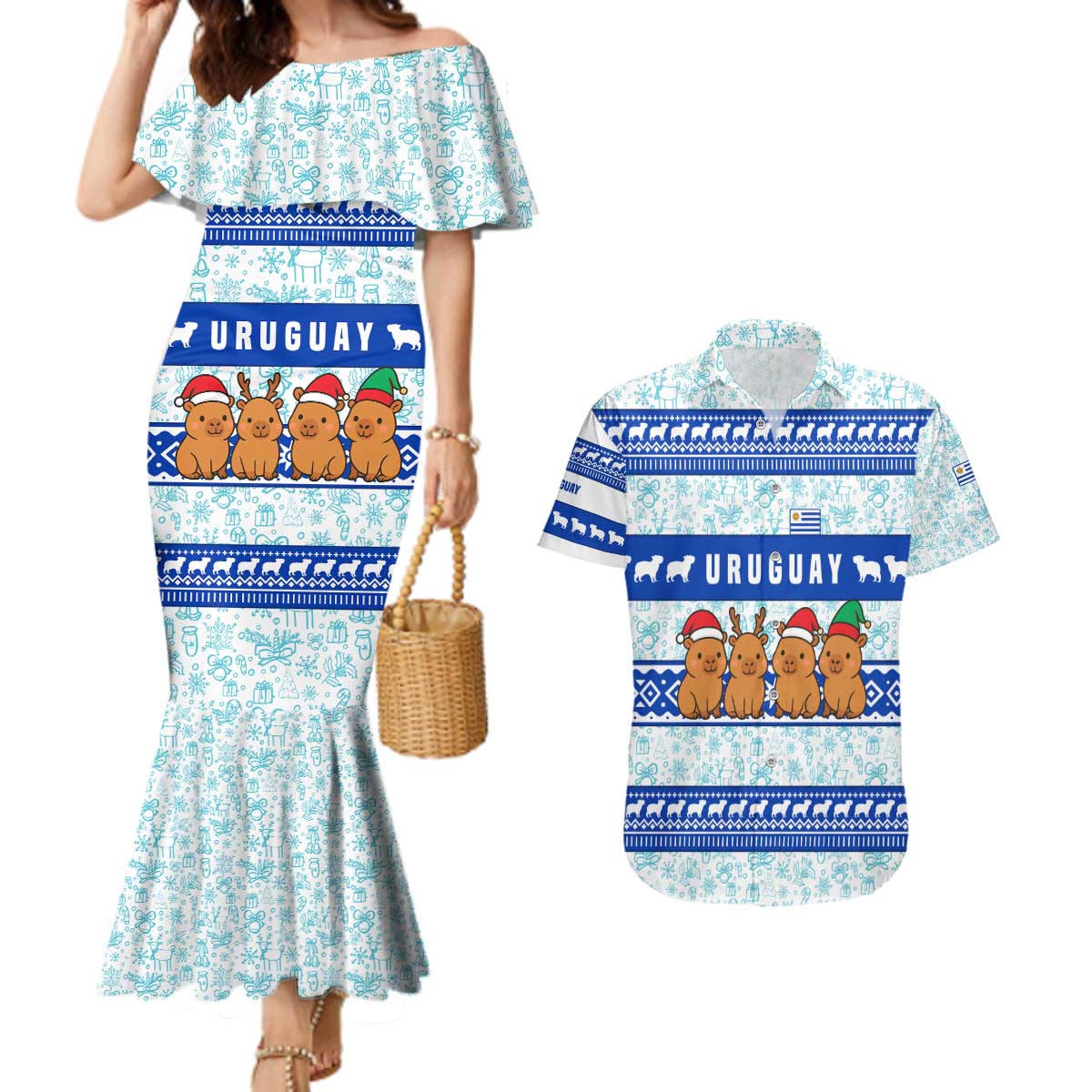 Uruguay Christmas Couples Matching Mermaid Dress and Hawaiian Shirt with Capybaras Holiday Tree Sun Emblem and Blue Festive Pattern - Wonder Print Shop