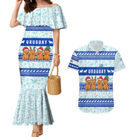 Uruguay Christmas Couples Matching Mermaid Dress and Hawaiian Shirt with Capybaras Holiday Tree Sun Emblem and Blue Festive Pattern - Wonder Print Shop