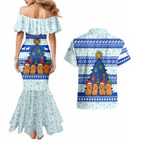 Uruguay Christmas Couples Matching Mermaid Dress and Hawaiian Shirt with Capybaras Holiday Tree Sun Emblem and Blue Festive Pattern - Wonder Print Shop