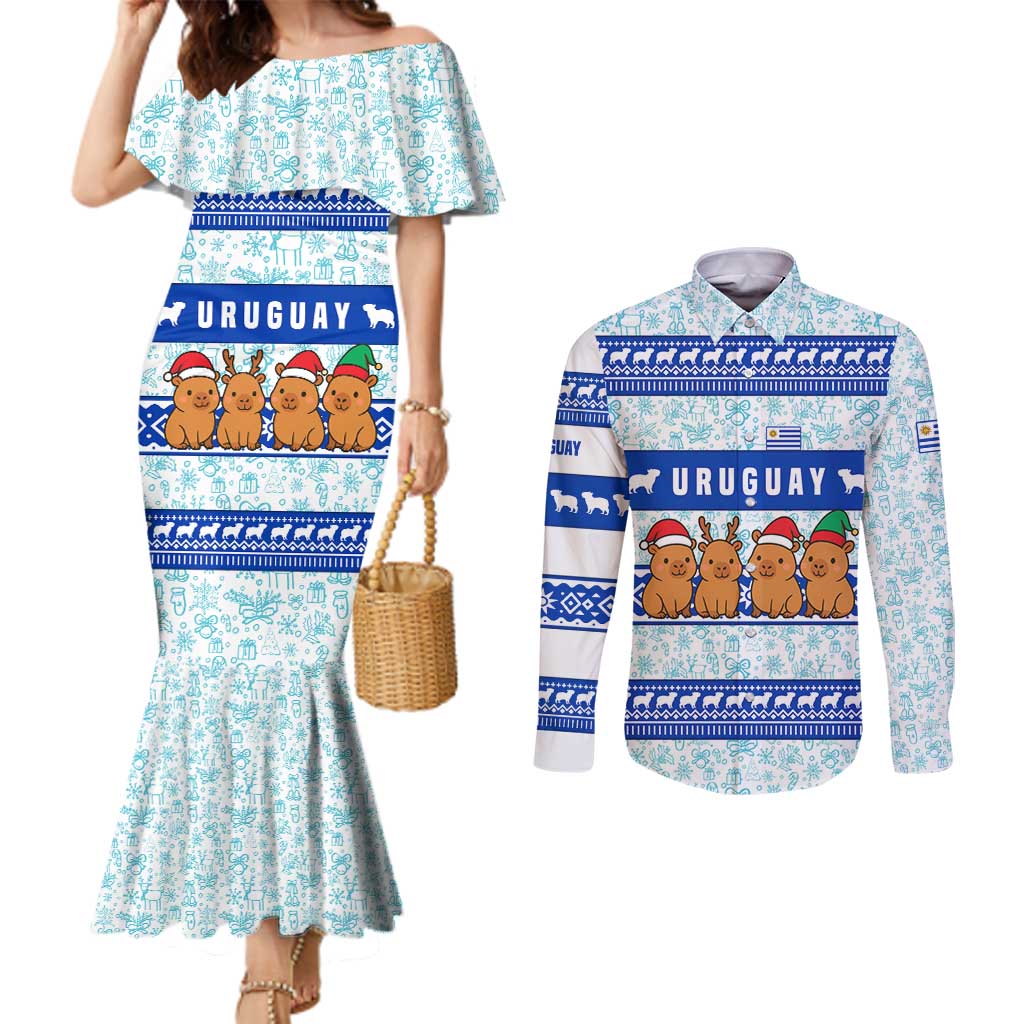 Uruguay Christmas Couples Matching Mermaid Dress and Long Sleeve Button Shirt with Capybaras Holiday Tree Sun Emblem and Blue Festive Pattern - Wonder Print Shop