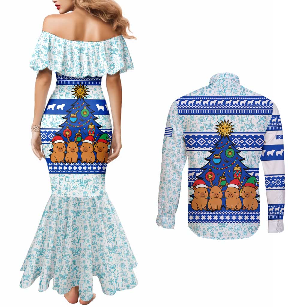 Uruguay Christmas Couples Matching Mermaid Dress and Long Sleeve Button Shirt with Capybaras Holiday Tree Sun Emblem and Blue Festive Pattern - Wonder Print Shop