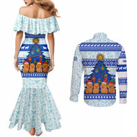 Uruguay Christmas Couples Matching Mermaid Dress and Long Sleeve Button Shirt with Capybaras Holiday Tree Sun Emblem and Blue Festive Pattern - Wonder Print Shop