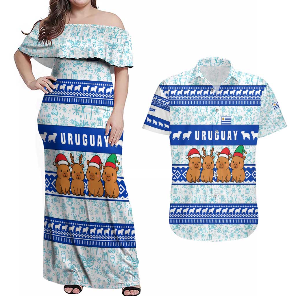 Uruguay Christmas Couples Matching Off Shoulder Maxi Dress and Hawaiian Shirt with Capybaras Holiday Tree Sun Emblem and Blue Festive Pattern - Wonder Print Shop