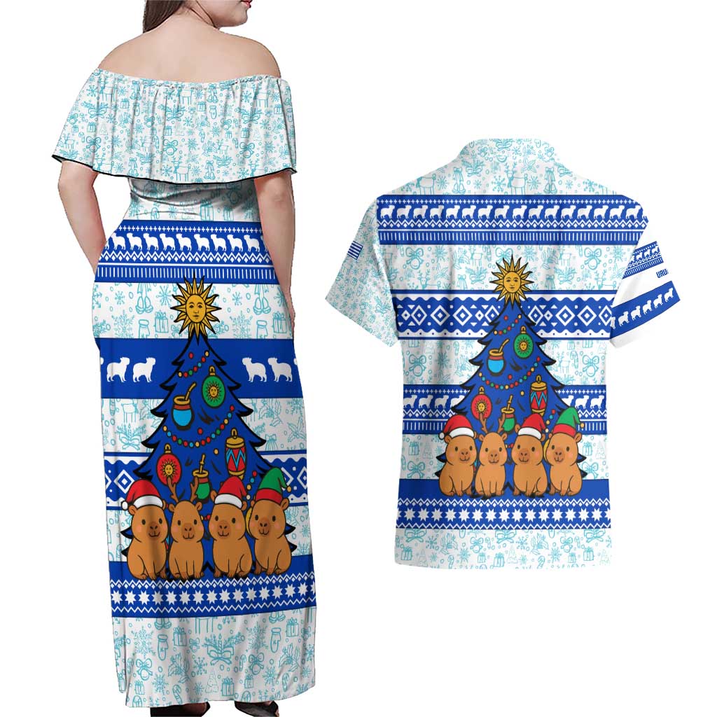 Uruguay Christmas Couples Matching Off Shoulder Maxi Dress and Hawaiian Shirt with Capybaras Holiday Tree Sun Emblem and Blue Festive Pattern - Wonder Print Shop