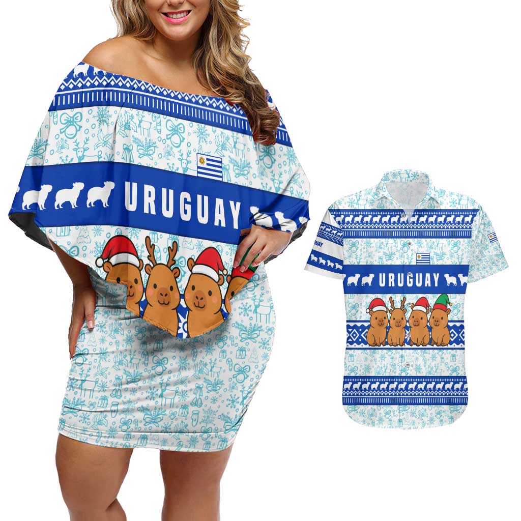 Uruguay Christmas Couples Matching Off Shoulder Short Dress and Hawaiian Shirt with Capybaras Holiday Tree Sun Emblem and Blue Festive Pattern - Wonder Print Shop