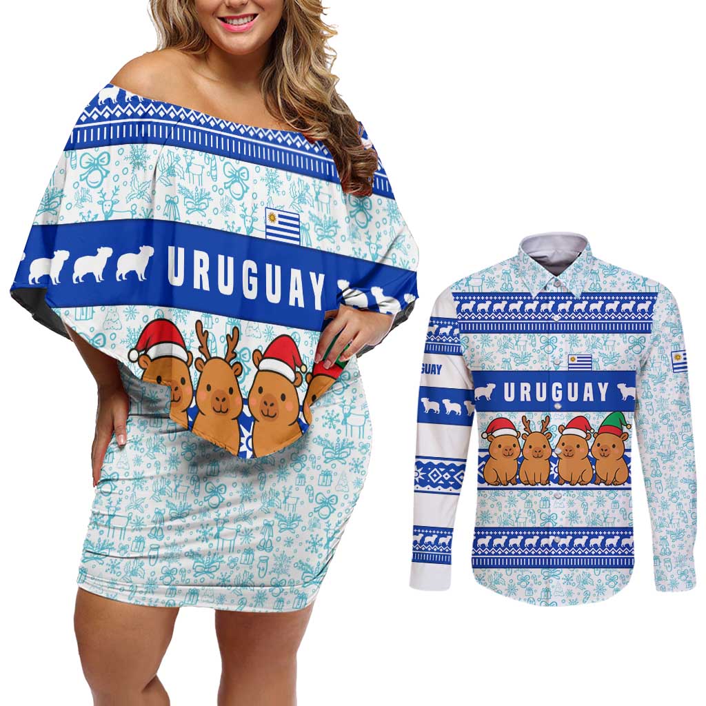 Uruguay Christmas Couples Matching Off Shoulder Short Dress and Long Sleeve Button Shirt with Capybaras Holiday Tree Sun Emblem and Blue Festive Pattern - Wonder Print Shop