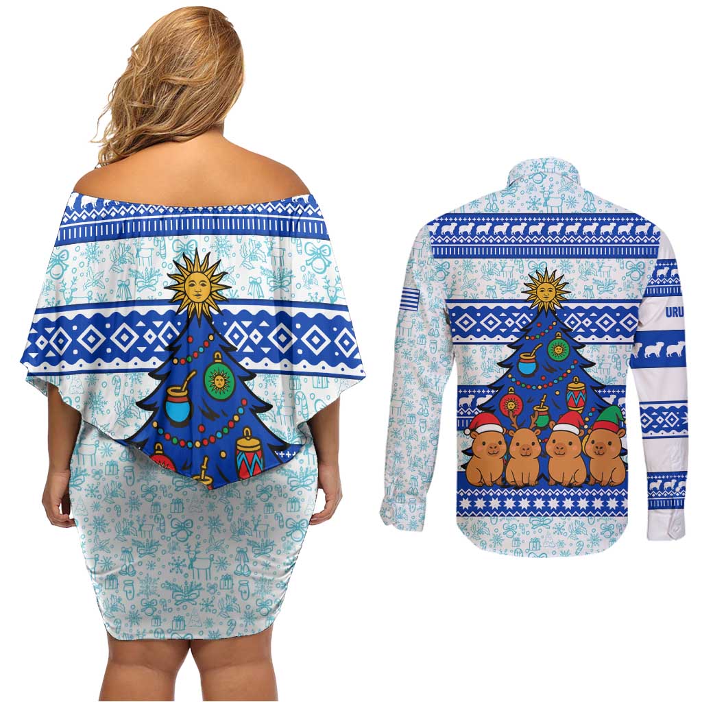 Uruguay Christmas Couples Matching Off Shoulder Short Dress and Long Sleeve Button Shirt with Capybaras Holiday Tree Sun Emblem and Blue Festive Pattern - Wonder Print Shop