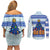 Uruguay Christmas Couples Matching Off Shoulder Short Dress and Long Sleeve Button Shirt with Capybaras Holiday Tree Sun Emblem and Blue Festive Pattern - Wonder Print Shop