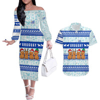 Uruguay Christmas Couples Matching Off The Shoulder Long Sleeve Dress and Hawaiian Shirt with Capybaras Holiday Tree Sun Emblem and Blue Festive Pattern - Wonder Print Shop