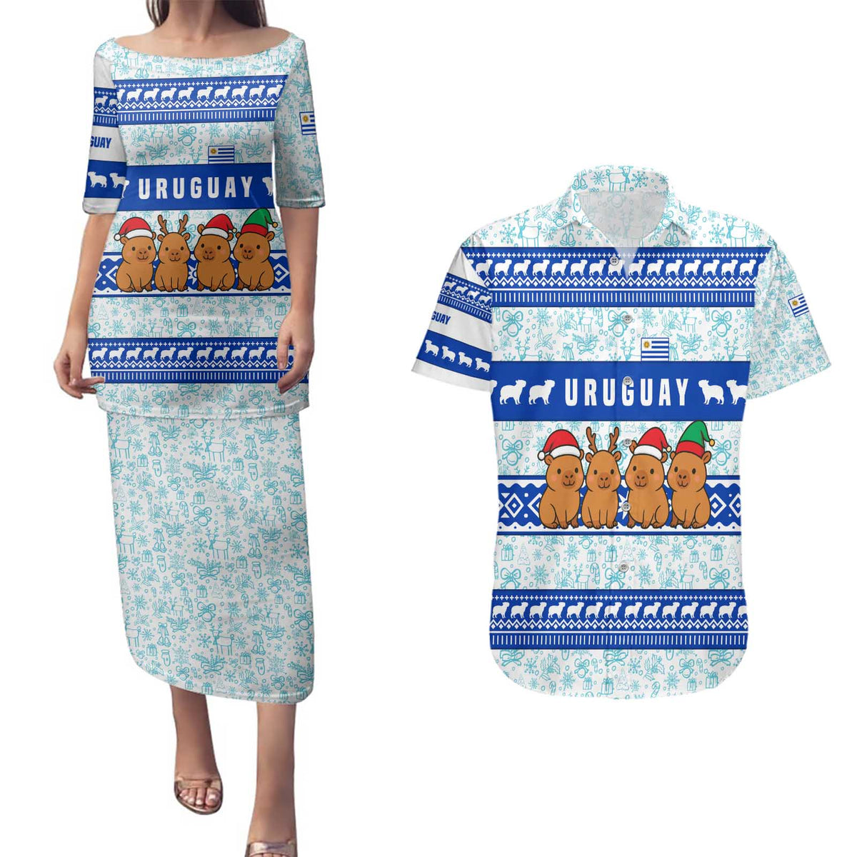 Uruguay Christmas Couples Matching Puletasi and Hawaiian Shirt with Capybaras Holiday Tree Sun Emblem and Blue Festive Pattern - Wonder Print Shop